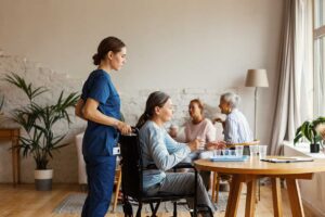 Adult child and older parent share tea beside family photos in a comfortable assisted living room.